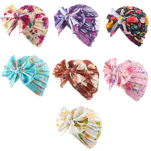 

flower print baby girls hat big bowknot born turban soft cotton infant toddler cap beanies headwrap caps & hats, Yellow