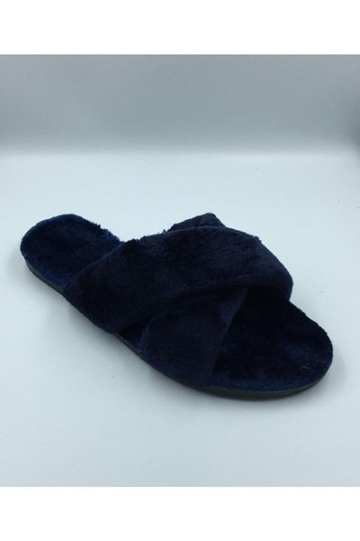 

women's navy blue cross plush home slipper slippers, Black