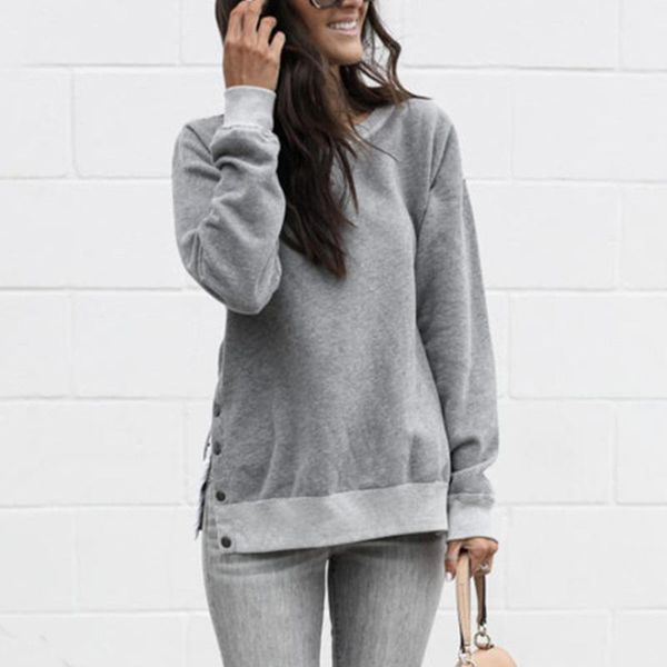 

women's hoodies & sweatshirts women long sleeve autumn pullover female side slit with buttons casual ladies simple clothing, Black