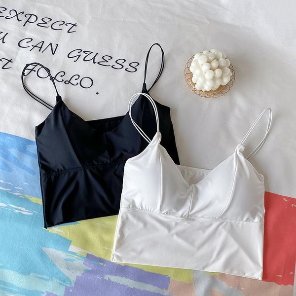 

camisoles & tanks lce silk bralette women tank crop 2021 feamle seamless underwear lingerie solid color short camis padded cam, Black;white