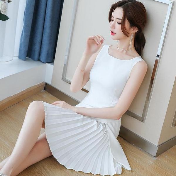 

plus size dresses summer 2021 wear pleated dress women tank basic mini sweet vestidos white black clothes s-2xl fashion ae881