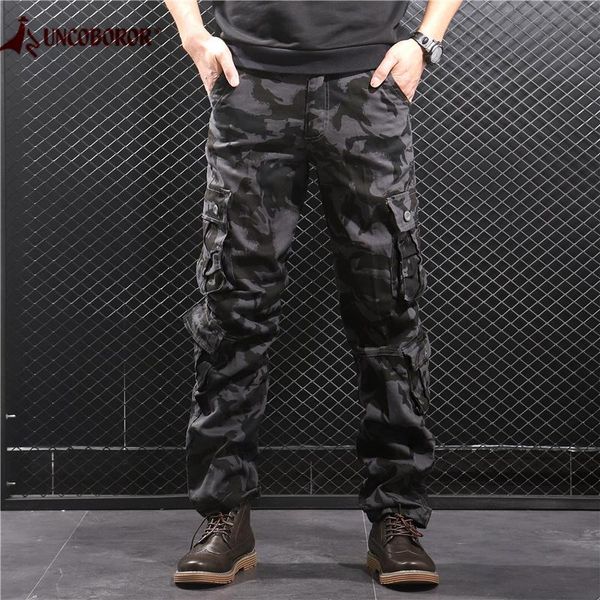 

camouflage cargo pants men multi pocket cotton military camo army track trousers male streetwear overalls pantalon homme men's, Black