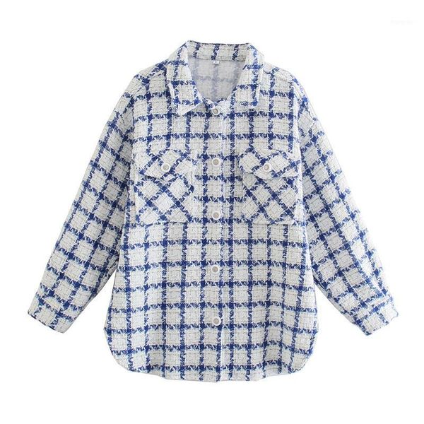 

women's jackets women's women 2022 fashion blue and white plaid pocket buttoned jacket retro long sleeve temperament shirt coats s, Black;brown