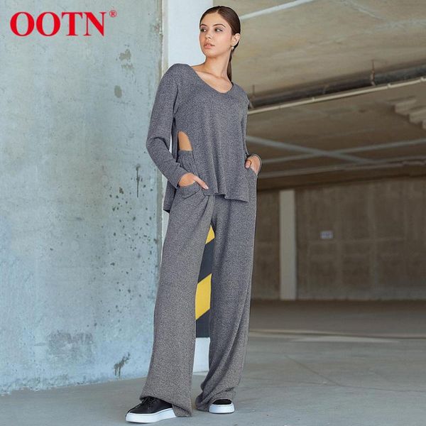 

women's two piece pants ootn knitwear sets u-neck side split gray stretch pullover elastic waist casual wide leg suits women fashion au, White