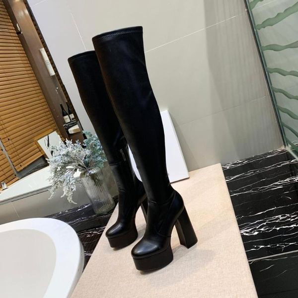 

boots high heel 13cm winter real leather women stretch over knee quality boot length about 58cm, Black