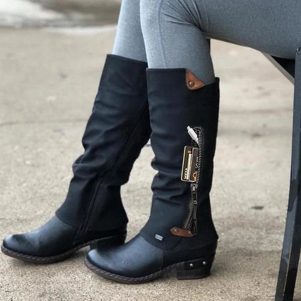 

boots women autumn winter long mid zipper solid round toe low heel snow warm women's work female shoes 2021, Black