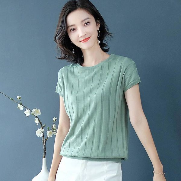 

spring summer stripes show thin silk knitted t-shirt female short-sleeved ice bump color of preppy women clothing women's, White