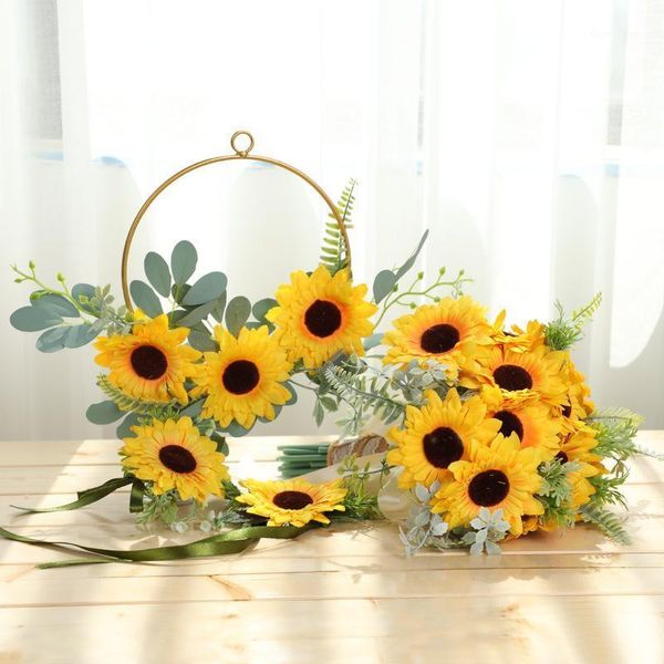 

decorative flowers & wreaths bright yellow sunflower wreath iron hoop bride bridesmaids hold bouquet brooch wrist fabric hand wedding1