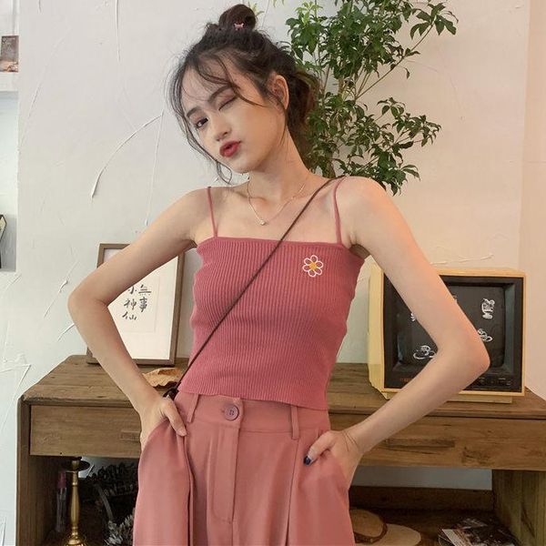 

summer korean embroidered flower t-shirt candy color elegant style suspender vest with base coat on the inside camisoles & tanks, Black;white