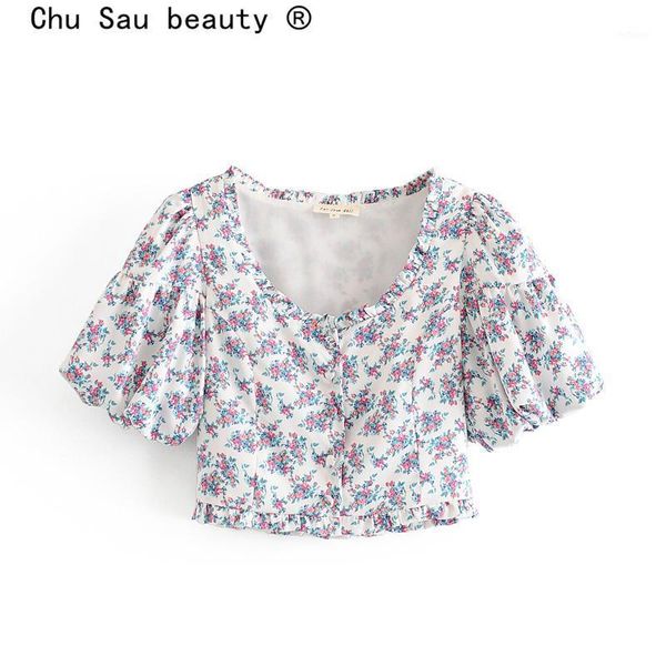 

women's blouses & shirts chu sau beauty casual fashion floral print short women summer chic single-breasted v-neck sleeve female, White