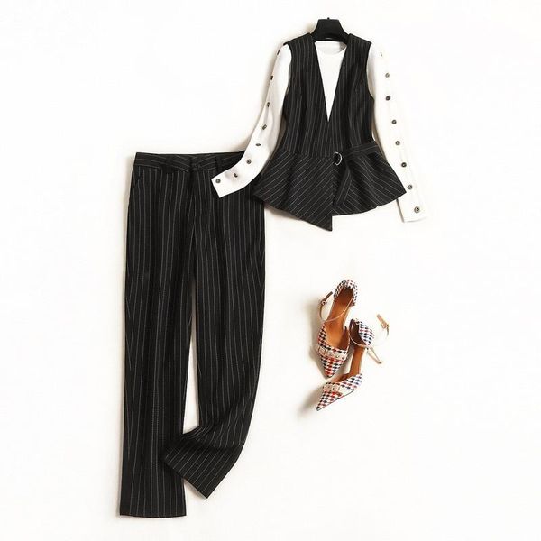 

winter lady elegant office pants suit set outfits 2021 designers button knitted striped vest+trousers 3pcs clothing sets women's two pi, White
