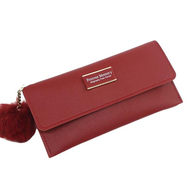 

wallets ladies fashion long solid color coin purse women 2-fold wallet with pompom pendant casual style wear-resistant cell phone pack, Red;black