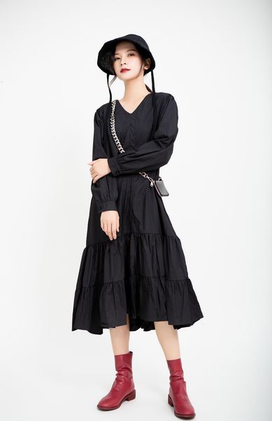 

Msxu female autumn net red cord Doubles lotus leaf big swing dress long, Black;gray