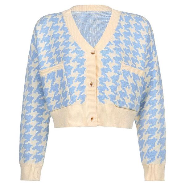 

women's knits & tees knitted sweater women autumn 2021 houndstooth pocket cardigan v-neck long-sleeved single-breasted casual jacket m2, White