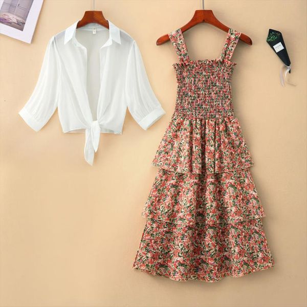 

summer half sleeve shirt womens tracksuits floral printed long cake a line dress 2 piece set vintage female outfits, Gray