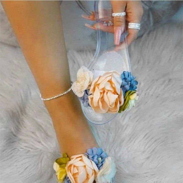 

women floral jelly shoes women's flat applique slipper summer 2021 woman transparent outdoor sandals ladies soft female footwear slippe, Black