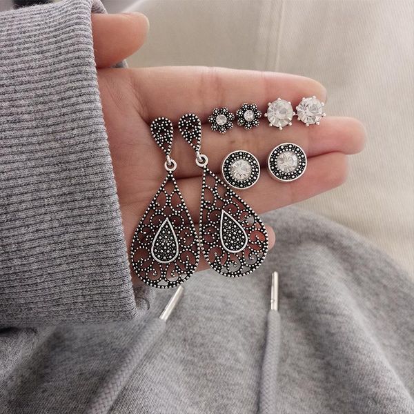 

stud female earrings retro drops flower round geometric crystal silver earring set women temperament charm wedding party jewelry, Golden;silver