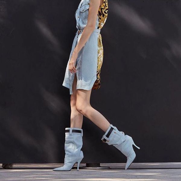

boots [deat] pointed toe denim cloth pocket side zipper single women thin high heels short spring autumn fashion 10e634 fhbk, Black