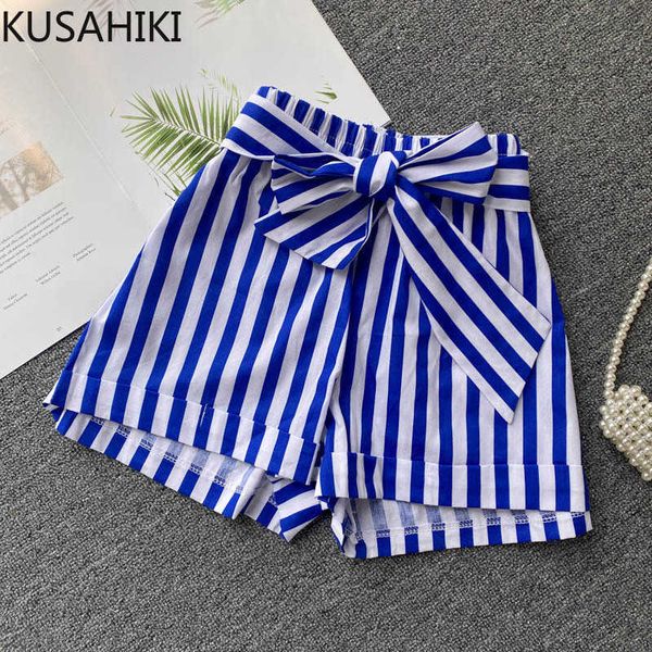

kusahiki blue white stripe woman shorts summer bow bandage high waist bottoms causal wide leg short feminimo 6g910 210602, White;black