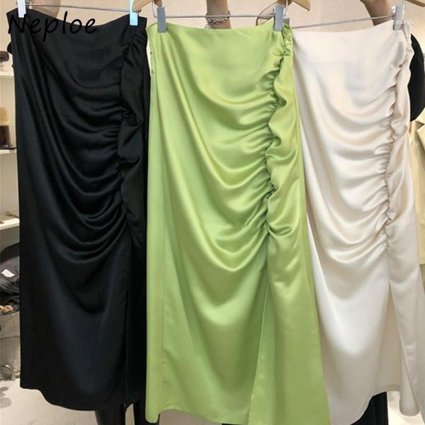 

neploe arrival high waist skirts women solid color folds design mid calf skirt lady elegant fashion jupe longue femme 1e6521, Black