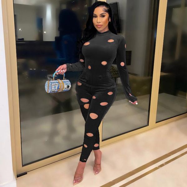 

women's two piece pants 2021 design 2pcs women set spring solid o-neck pencil ripped-holes club, White