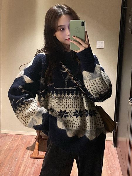 

korean style autumn 2021 vintage loose sweater women's fall and winter outer wear all-match rhombus pullover retro sweaters, White;black