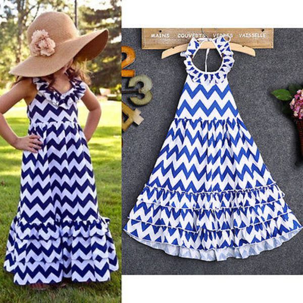 Sommer coole Mode rückenfrei Baby Kinder Mädchen ärmellos blau + weiß Welle Wellenstreifen Maxi langes Sommerkleid Boho Kleid 3-10 Jahre Q0716