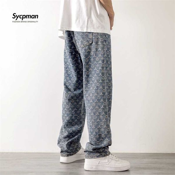 

american retro jacquard jeans men autum summer thin street ruffian handsome loose leg pants straight tube drop feeling mop pants 211104, Blue