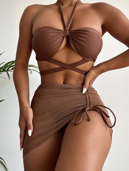 

3pack solid lace up bikini swimsuit & beach skirt 9305#, White;black