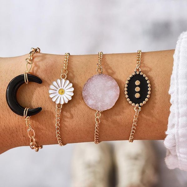 

link, chain europe and america bracelet set mini beads flower seashell moon chains bangles bohemia female metal gift, Black