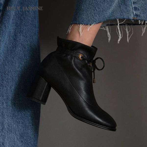 

boots genuine leather women spring/autumn retro ankle strap sheepskin pigskin inside lace-up high (5cm-8cm), Black