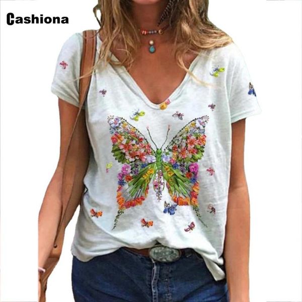 

cashiona plus size women elegant leisure casual t-shirt model butterflies print femme 2021 summer v-neck loose tees shirt women's, White