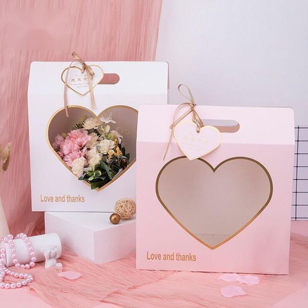 

flower packaging box with handle portable heart shape hollow out rose florist wrapping bag wedding party decoration gift wrap