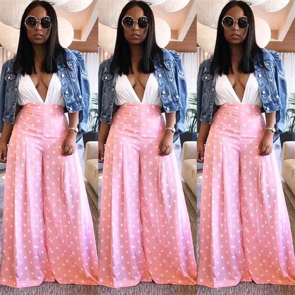 

summer wide leg pink polka dot elastic pants casual high waist boho trousers women full length loose bottom pantalone 210517, Black;white