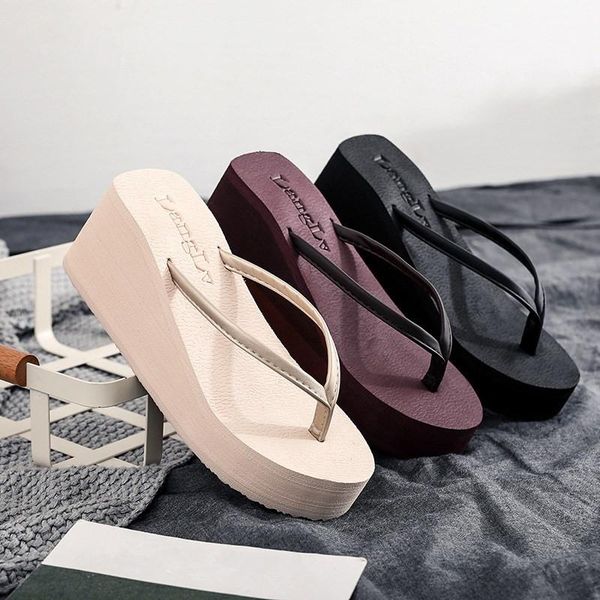 

slippers house platform rubber flip flops low shoes woman 2021 heeled mules luxury slides on a wedge pantofle hawaiian high desi, Black