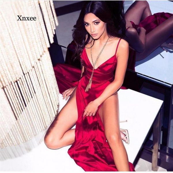 

high-split dress women solid evening party clubwear maxi dresses ladies spaghetti strap club casual, Black;gray