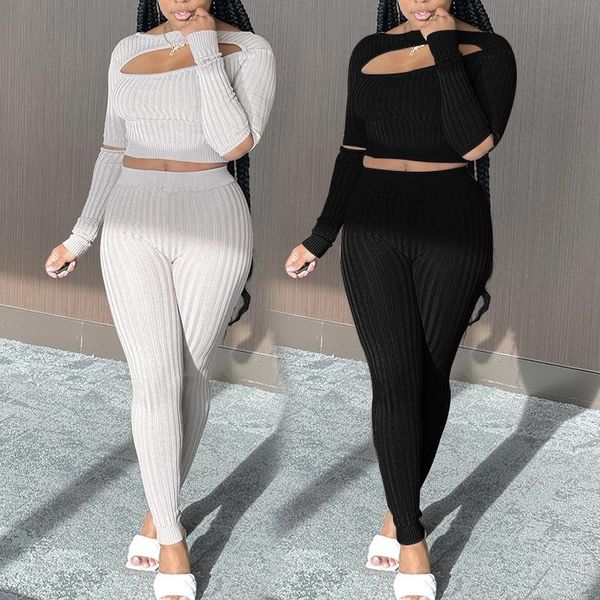 

women's two piece pants porpora set hole casual solid long sleeve hollow out outfits wholesale item women clothing 2021, White