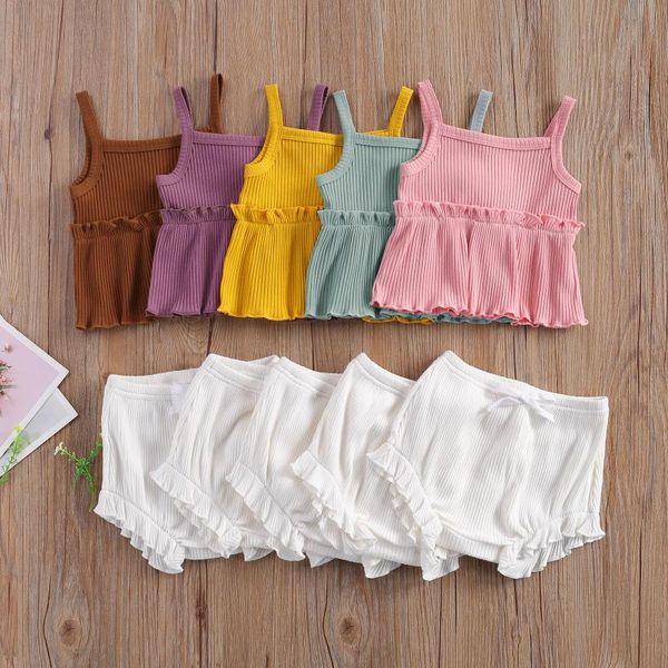 

summer born baby girls fashion 2-piece outfit set ribbed solid color tank and shorts for toddler kids clothing sets, White