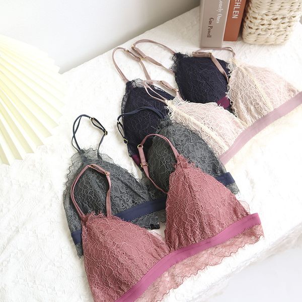 

bras lace rimless french triangle cup underwear women's summer super thin comfortable and breathable gathered back bra, Red;black