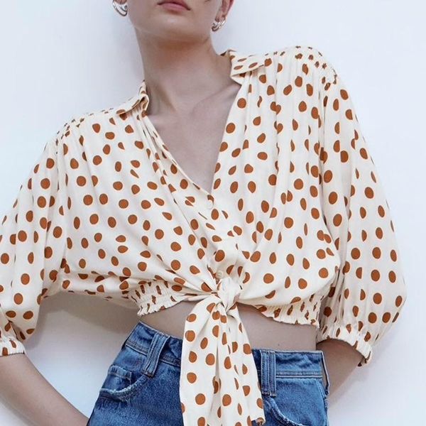 

women blouse shirt summer 2021 fashion polka dot prints modern lady short kimono tied bow shirts women's blouses &, White