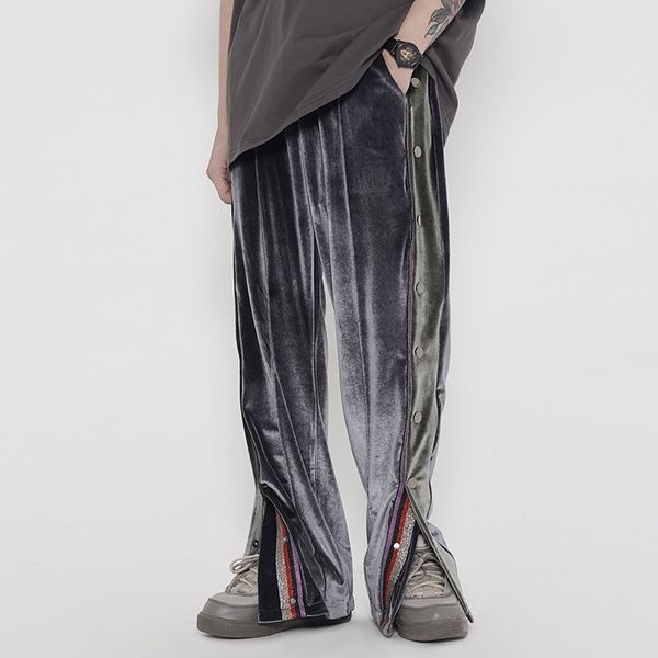 

side button fleece casual trousers men and women straight velvet loose track pants high street oversize baggy pants, Black