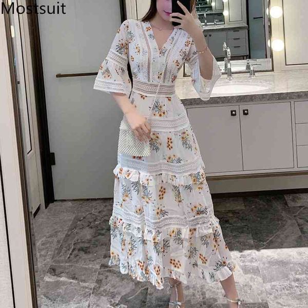 

runway fashion printed chiffon patchwork long maxi dress women flare sleeve v-neck hollow ruffles party beach dresses vestidos 210518, Black;gray