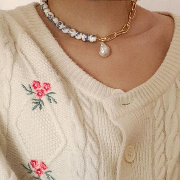 

chokers blue printed bead punk chain necklace 2021 fashion charm baroque pearl pendant choker banquet party luxury clothing accessories, Golden;silver