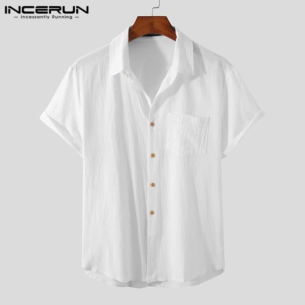 

men's casual shirts 2021 summer men shirt lapel solid color cotton short sleeve streetwear clothing vintage breathable camisas incerun, White;black