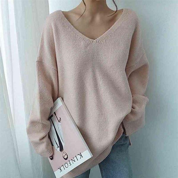 

mozuleva autumn winter women's sweaters v-neck long sleeve minimalist korean style knitting casual pink pullovers 210706, White;black