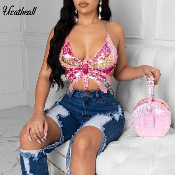 

gillter women back lace-up festival raves crop sequin halter bandage butterfly party club nightclub thank women's tanks & camis, White