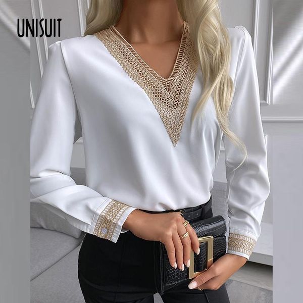 

women's blouses & shirts 2021 office lady fashion solid simple blouse elegant v-neck chiffon embroidered sihrt autumn women casual long, White