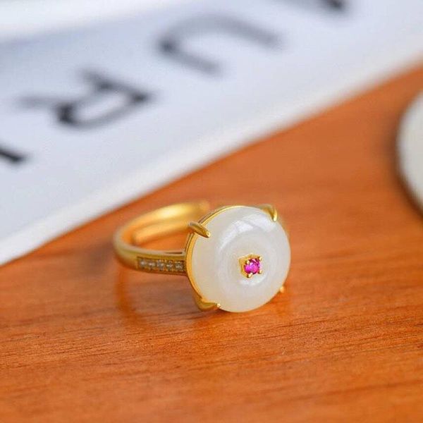 

cluster rings ancient silver mosaic and field white jade ring clasp, Golden;silver