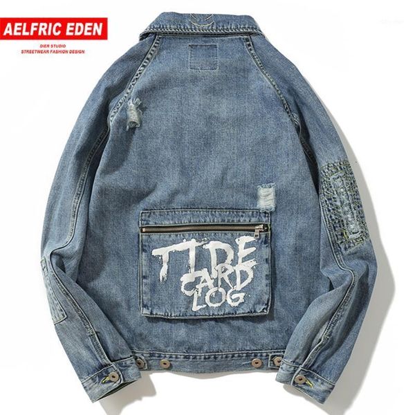 

men's aelfric eden letter printed patchwork pockets mens denim jackets harajuku hip hop vintage long sleeve fashion streetwear coats1 u, Black;brown