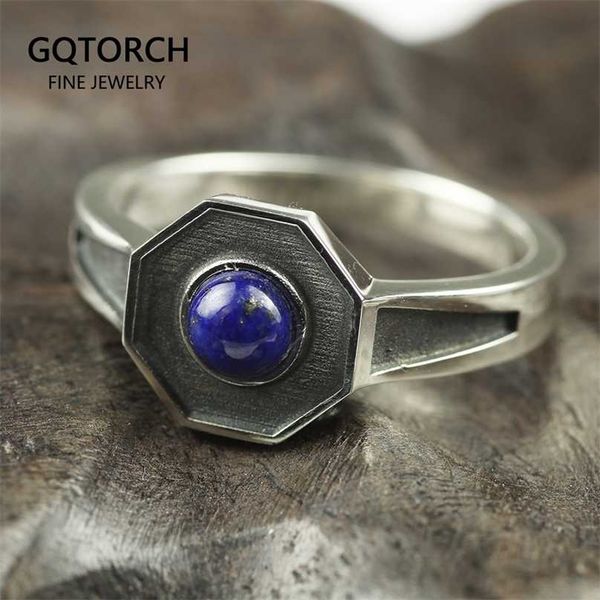 Design original 925 Anéis de prata esterlina para homens e mulheres com lapis natural Lazuli Hexágono em forma de anel de jóias elegante 211217